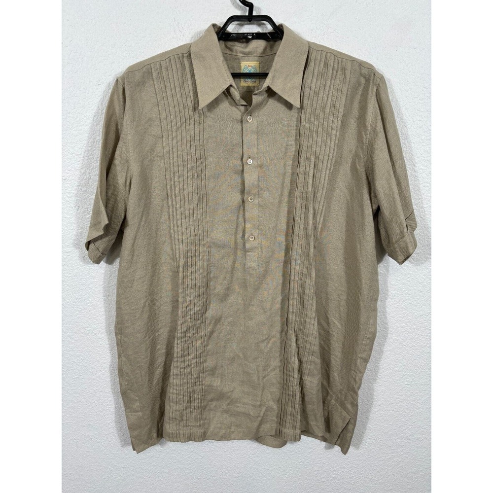 Dos Carolinas Guayabera Shirt Men 2XL Beige Pullover Linen Short Sleeve Solid‎